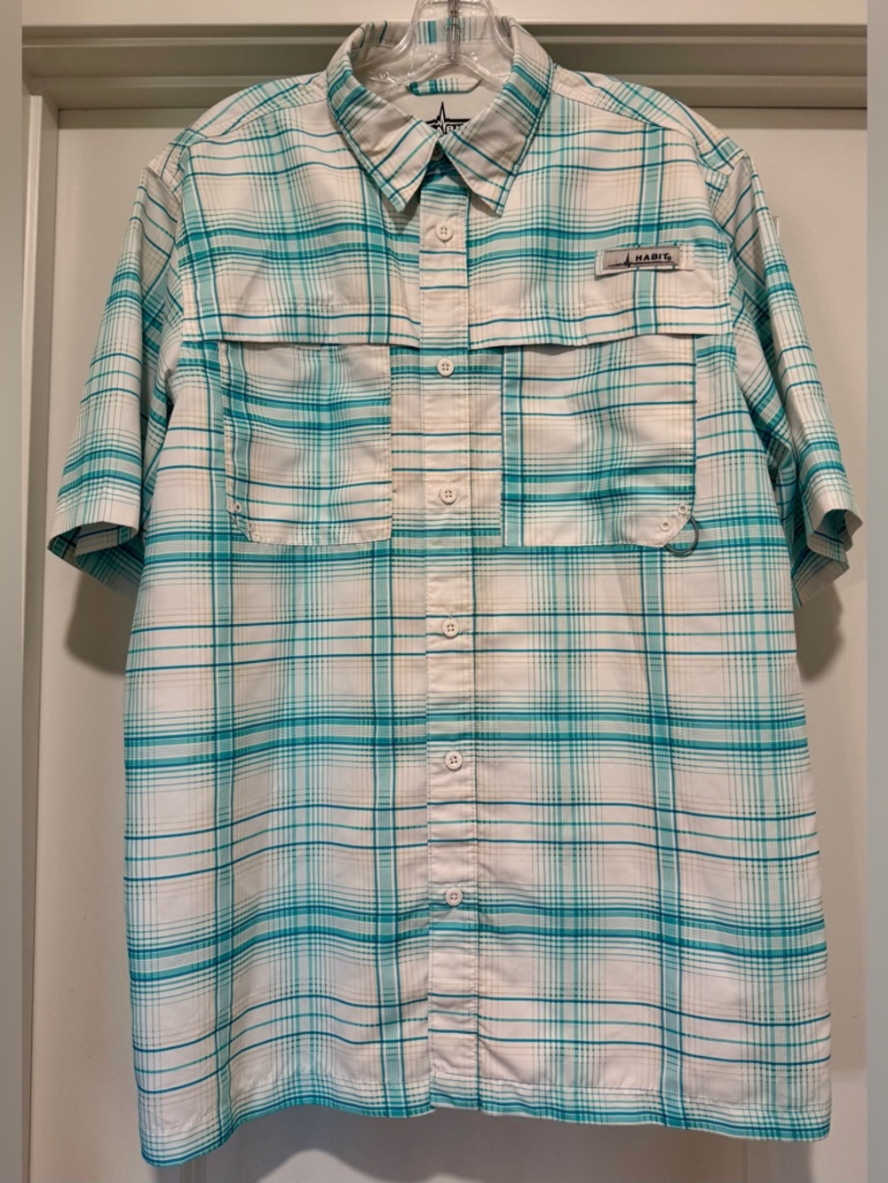 Habitat Men’s Teal & Tan Plaid Short-Sleeve Button Down‎ Fishing Shirt Size M